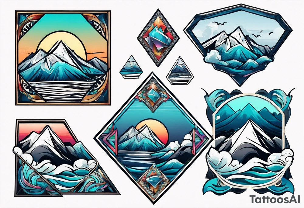 Mountains and ocean waves  crashing diamond shape tattoo idea