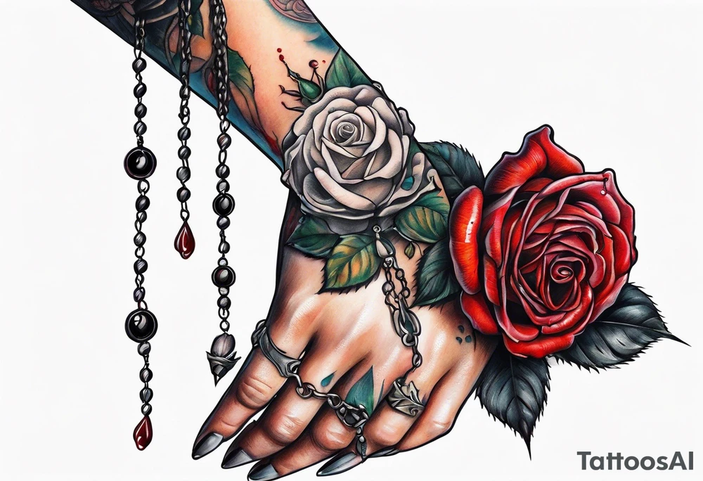 Feminine hand holding a rose with blood dripping down the hand from the thorns with 3 hanging rosary beads. tattoo idea