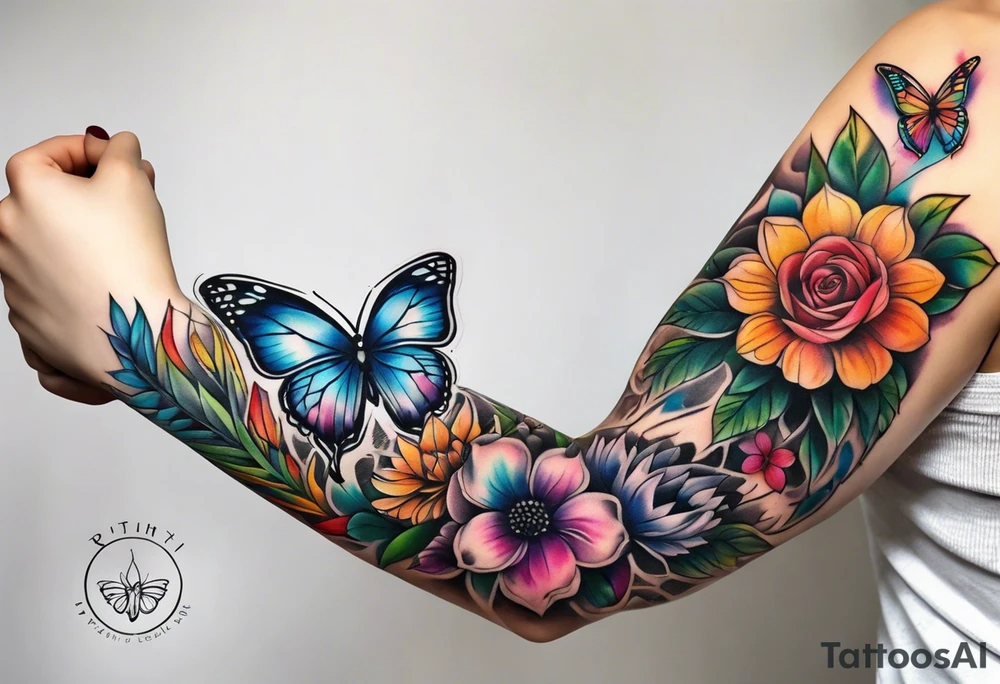 arm sleeve with dreamcatcher, rainbow flowers and one butterfly tattoo idea