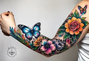 arm sleeve with dreamcatcher, rainbow flowers and one butterfly tattoo idea
