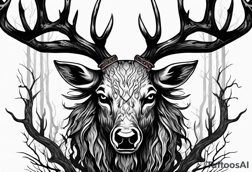 A scary wendigo with a decayed deer skull head with flames behind in a forest tattoo idea