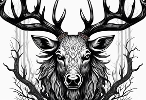 A scary wendigo with a decayed deer skull head with flames behind in a forest tattoo idea