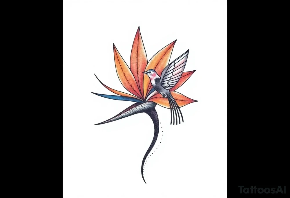 Bird of paradise flower with blue bird tattoo idea