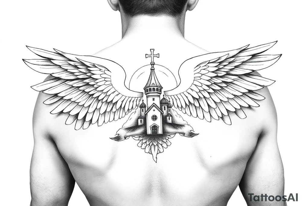 an actual russian coat of arms with the eagles wings spanning out on my back neck across my shoulders / traps with a orthodox christian church being visible in a mountainous sun beaming setting, with the russian orthodox cross spire of the orthodox church being visible on my neck with a sun beaming in the background that the cross sits inside tattoo idea