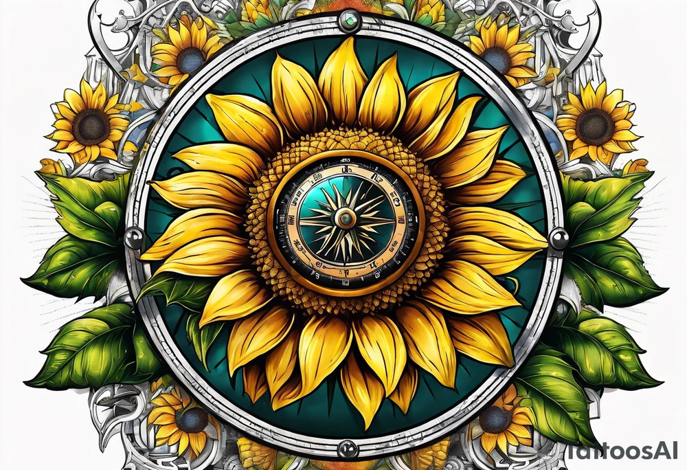 Sunflower next to a compass tattoo idea
