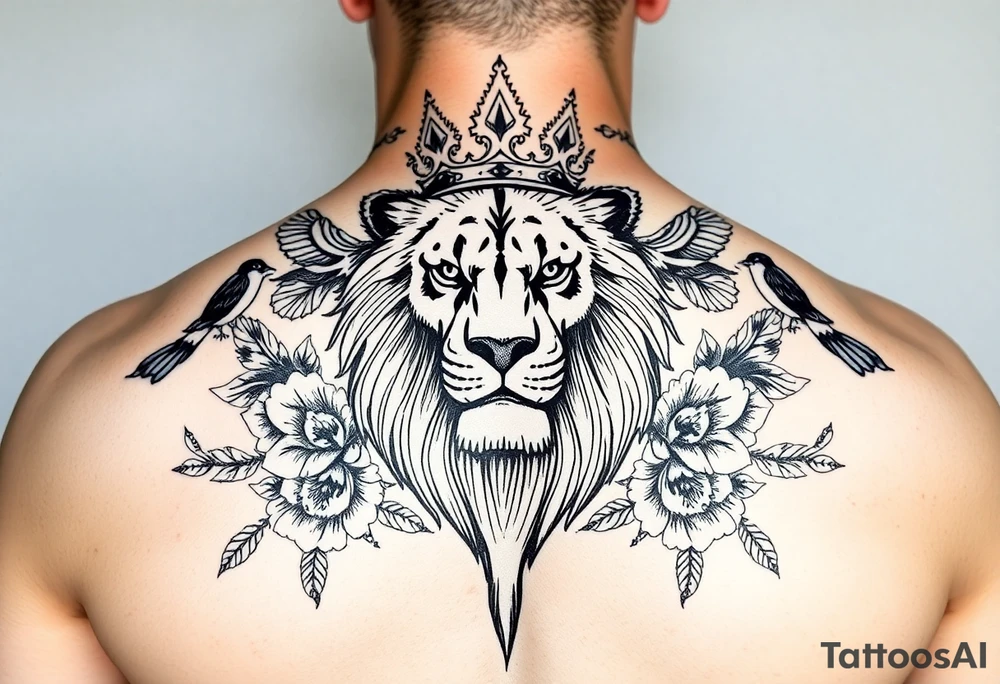 powerful majestic lion with a crown, surrounded by floral ornaments and birds tattoo idea