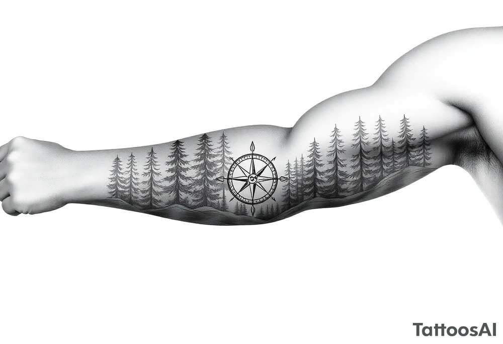 Forest landscape with three compasses tattoo idea
