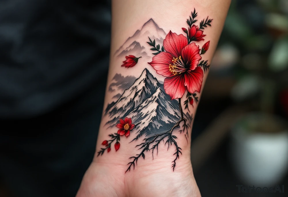 vertical wrist size red  and black rhododendron trippy with Himalayas behind tattoo idea
