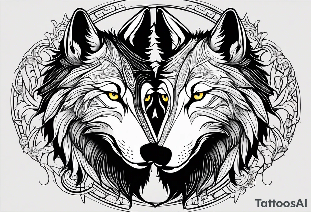 black wolf and white wolf in a ying yang style tattoo idea