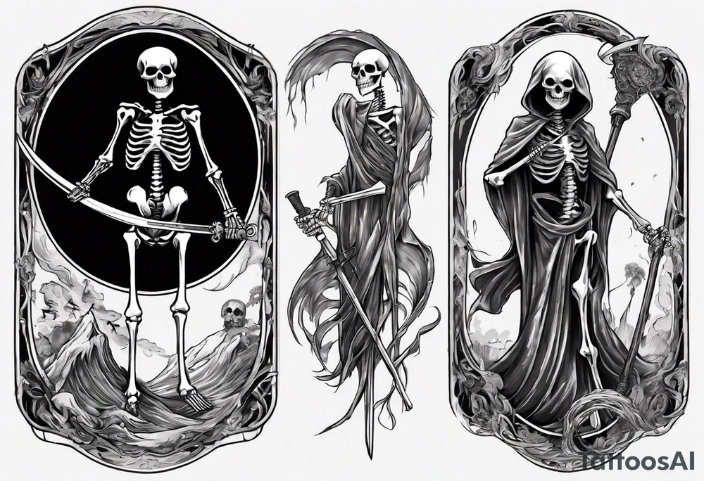 Skeleton with scythe death tarot card good and evil ying yang tattoo idea