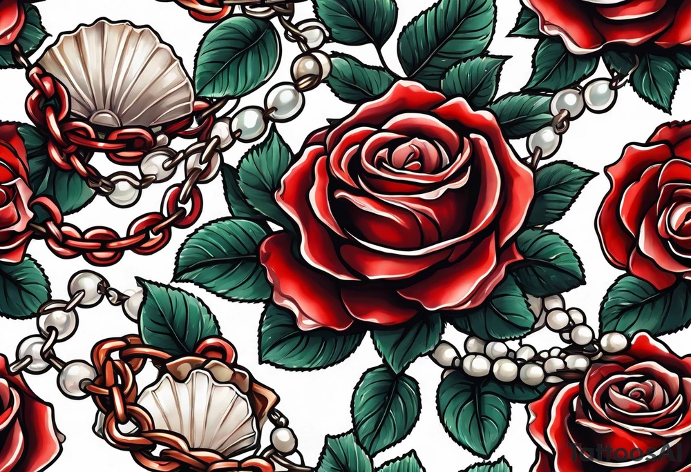Red rose with a chain made of pearls and seashell tattoo idea