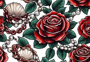 Red rose with a chain made of pearls and seashell tattoo idea