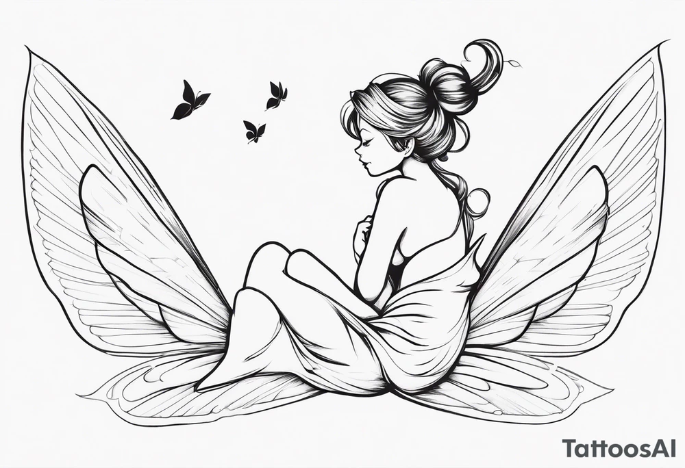 Minimalistic, monochromatic fairy with a tail flying to the left in a fetal position, leaning and looking in the same direction, with visible hands, embodying the 'Fairy Tail' logo aesthetic. tattoo idea
