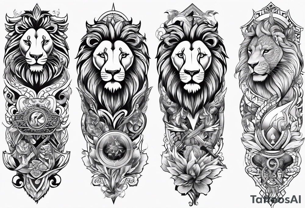 tattoo full sleeve that includes lion, cancer, aquarius and sagittarius signs tattoo idea