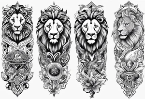 tattoo full sleeve that includes lion, cancer, aquarius and sagittarius signs tattoo idea