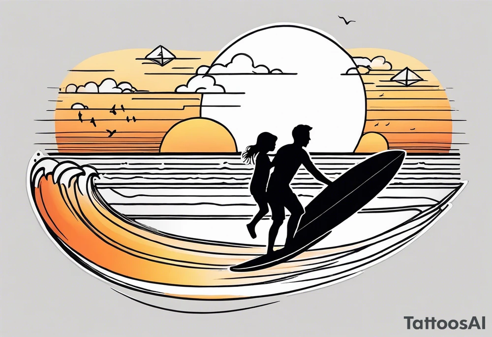 Black and white Line work tattoo depicting a father surfing in the sunset, and sharing his surfboard with one daughter on his shoulders and another daughter holding his hand. The sunset has musical notes. tattoo idea