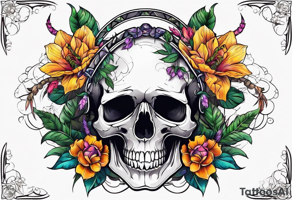 Skull tattoo with a large scorpion and flowers tattoo idea