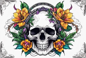 Skull tattoo with a large scorpion and flowers tattoo idea