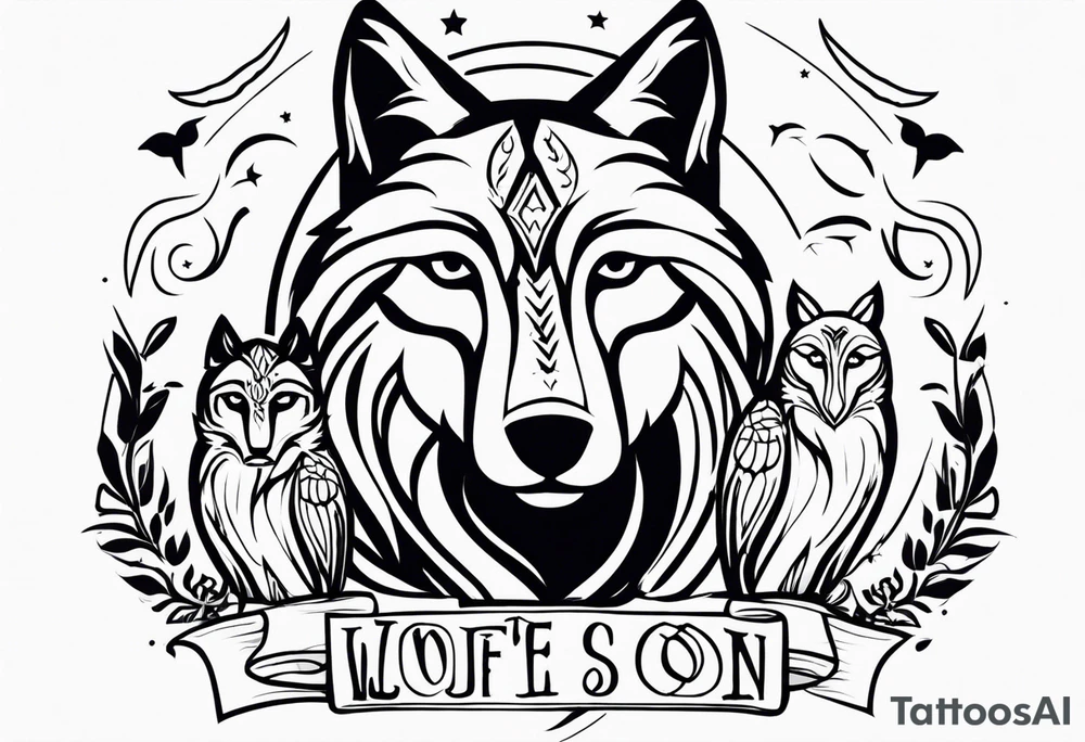 A Wolf as a father, an owl as the son and a lioness as the daughter. tattoo idea
