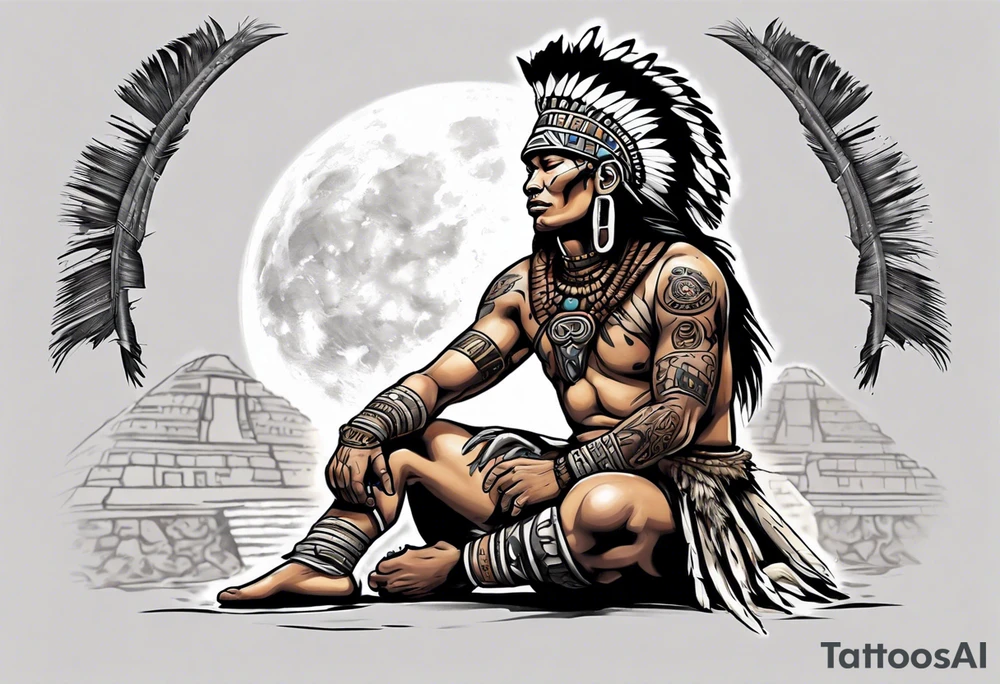 a heartbroken, tired, mayan warrior seeking peace after fighting for decades kneeling under the moonlight looking up to the sky tattoo idea