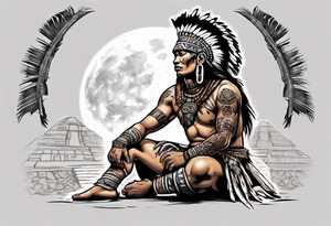 a heartbroken, tired, mayan warrior seeking peace after fighting for decades kneeling under the moonlight looking up to the sky tattoo idea