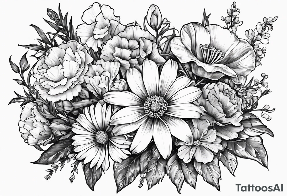 Floral bouquet with one larkspur, one carnation, one violet and one daisy with stems and bow tattoo idea