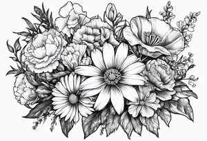 Floral bouquet with one larkspur, one carnation, one violet and one daisy with stems and bow tattoo idea