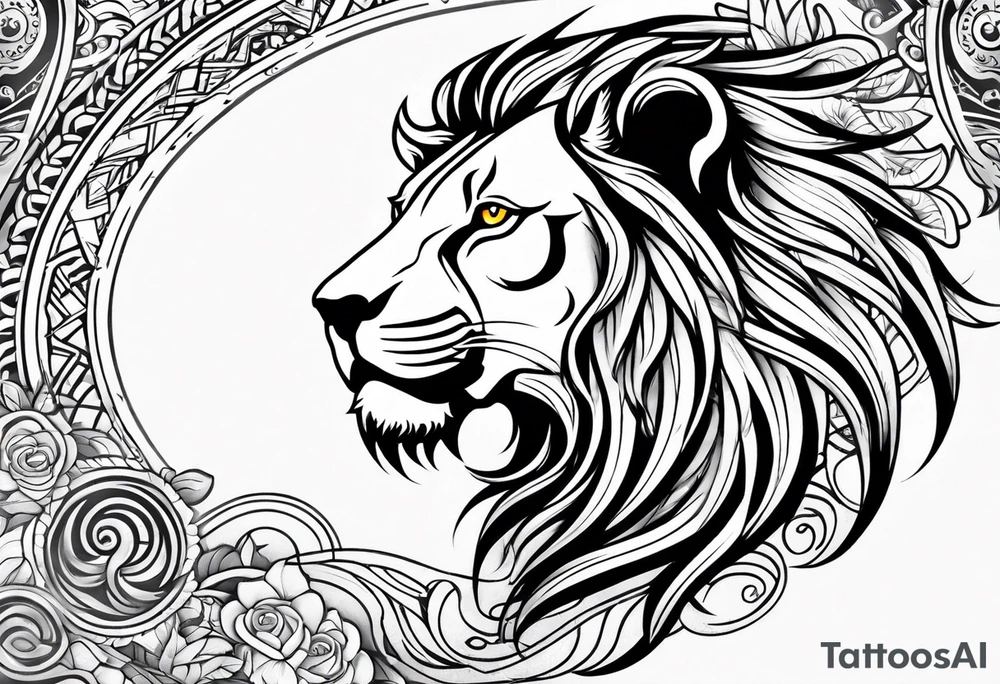 Tribal surrounding a lion arm sleeve tattoo idea