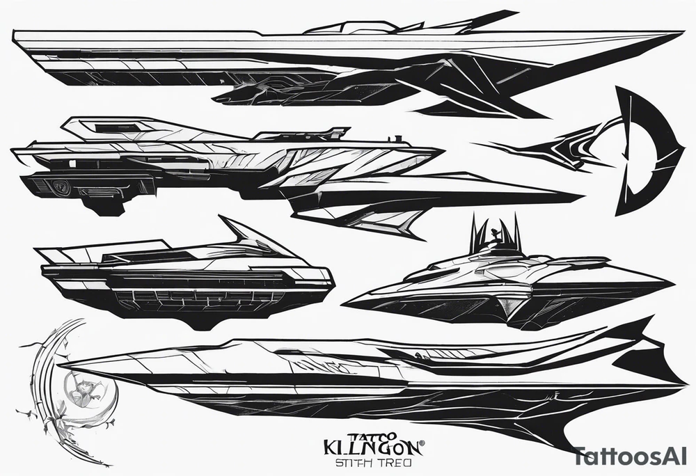 i have tattoos on my left arm that relate to the Klingons in Star Trek, including the symbol of the Klingon empire, the bat'leth sword, SOME KLINGON WRITING, AND A BIRD OF Prey starship. am looking for filler and additional details that are visually similar and complimentary to the imagery i am using already. tattoo idea