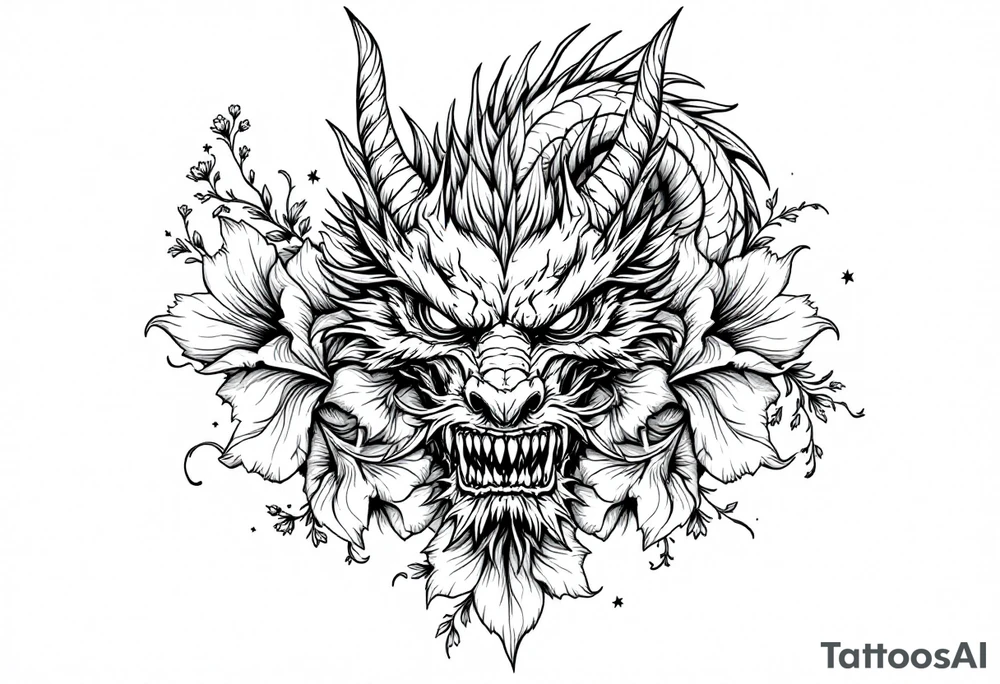scary dragon face down with flowers tattoo idea