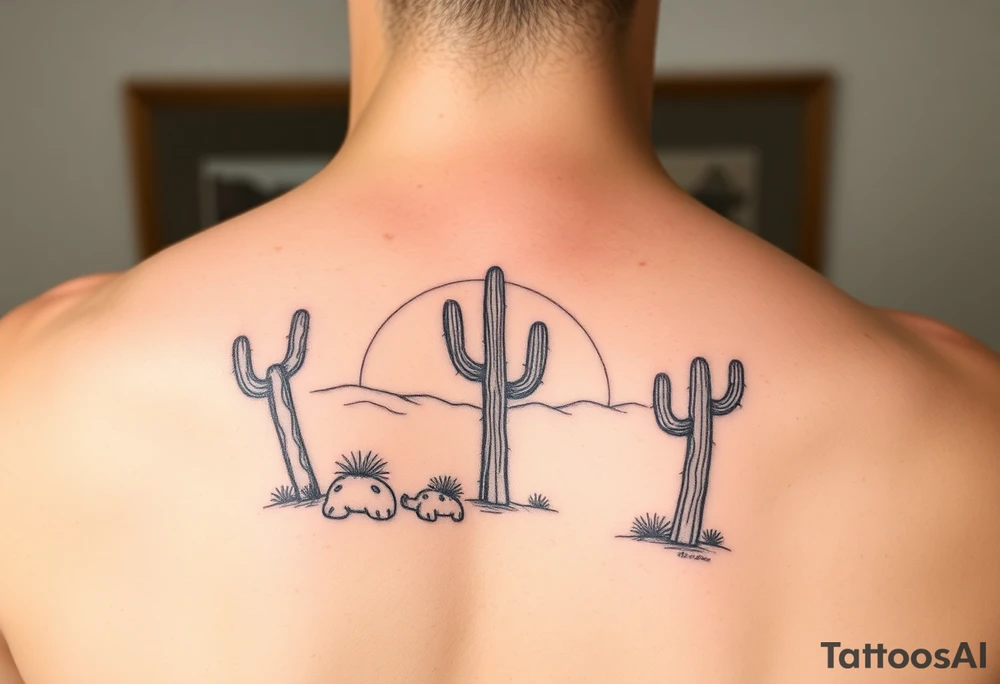 Kokopelli desert scene with cactus and sun tattoo idea