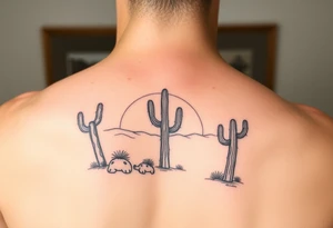 Kokopelli desert scene with cactus and sun tattoo idea