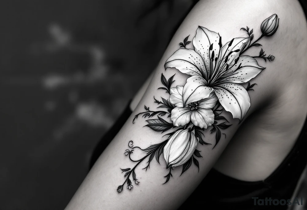 flower arrangement with spider lilies, tulip, cherry blossom tattoo idea