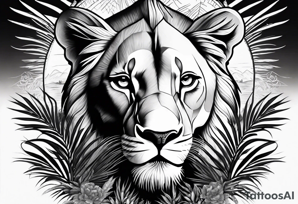 lioness and cub sun palm tree tattoo idea