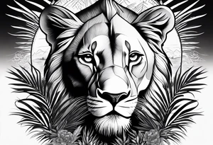 lioness and cub sun palm tree tattoo idea