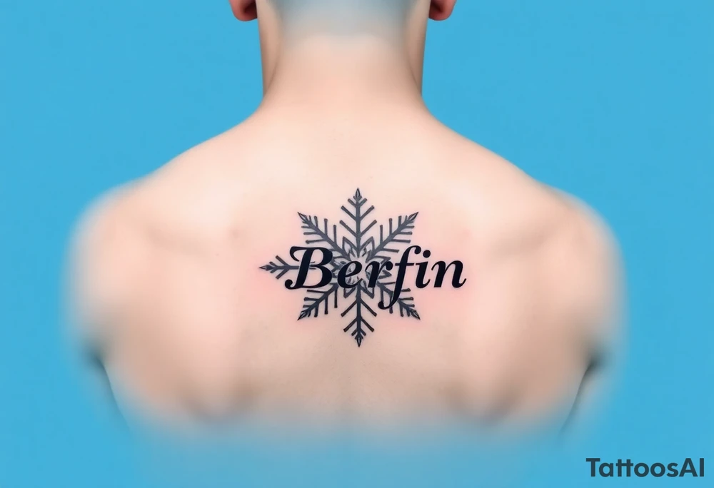 A snowflake on Blue backround and the name „Berfin“ in it tattoo idea