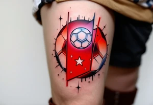 A modern soccer ball design with a minimalist red panel showing the club star. tattoo idea