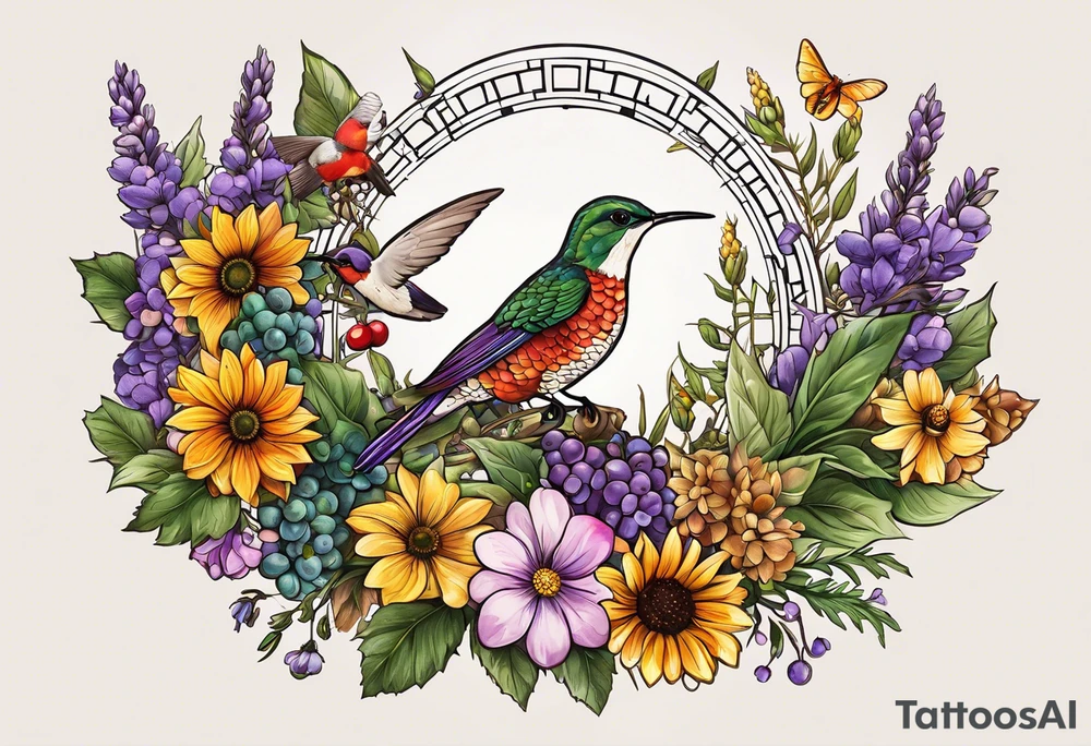 Hops, Rosemary, Thyme, Sage, Juniper, Corn, Wheat, Rose, Sunflower, Cherry blossom, Apple blossom, Honeycomb, Maple leaves, Violet/primrose, Carrot, Cherry, Apple/apple core, Acorns

Hawk, Lightbulb, Hummingbird

sleeve tattoo idea