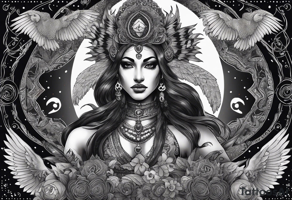 black kali, goddess pirate, alien, angel, pachamama, valkrye, warrior, flying, skull, lotus azul, wing, eagle, zenza resonance, stars, 5D, anahata chakra, death, durga, riding on a tiger, flying lady, kundalini, chest tatoo, samuri, rebel,serpent tattoo idea