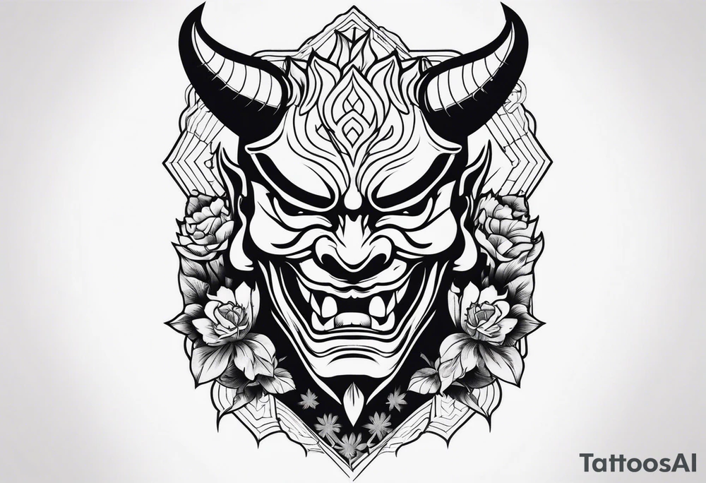 A cabeça de um homem com a cabeça raspada usando uma máscara de hannya tattoo idea