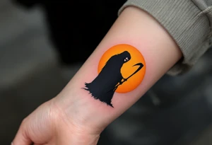A minimalist black Grim Reaper silhouette with a glowing orange moon behind him. tattoo idea