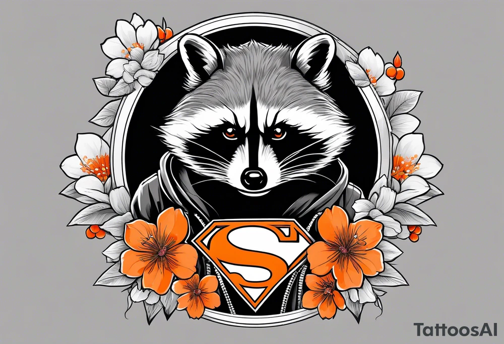 Raccoon wearing a white Superman logo on a black hoodie and orange Japanese cherry blossoms beside tattoo idea