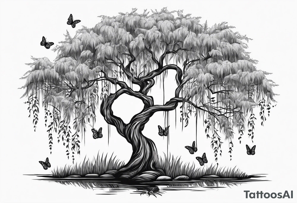Weeping willow tree with butterflies tattoo idea