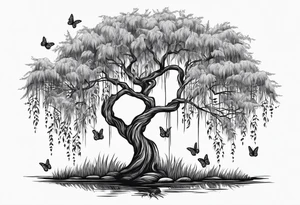 Weeping willow tree with butterflies tattoo idea