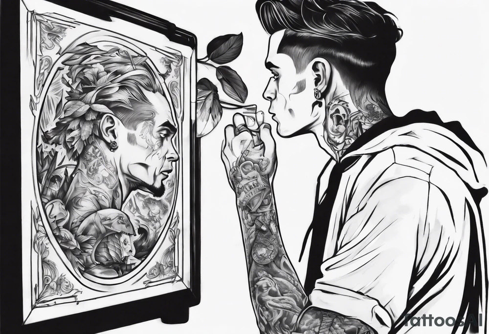 man looking into mirror, seeing his younger self tattoo idea