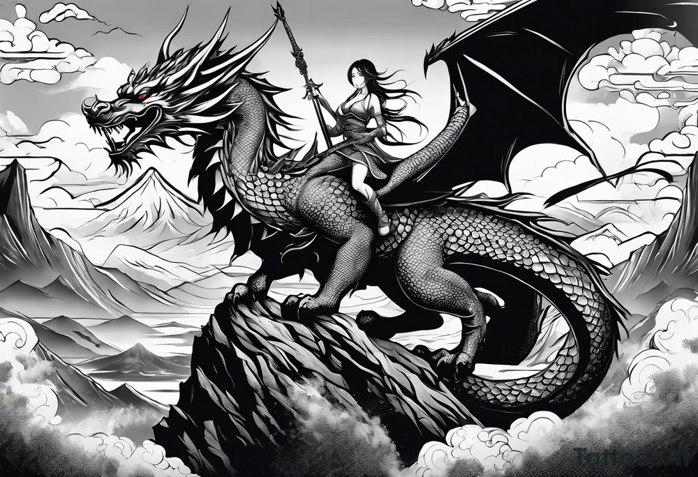 beautiful warrior nymph riding a dragon and the background will be mountains, clouds, and a Japanese building tattoo idea