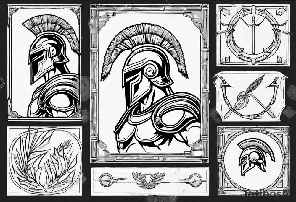 rectangular landscape format ultra-fine line linework vector of a spartan from the side, spartan spear, spartan shield, laurel wreath tattoo idea
