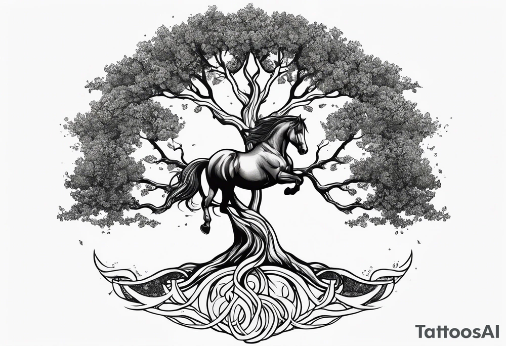 Realistic Horse and Yggdrasil tree tattoo idea