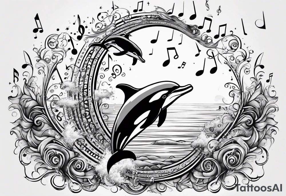 dolphin jumping out of water into music notes tattoo idea