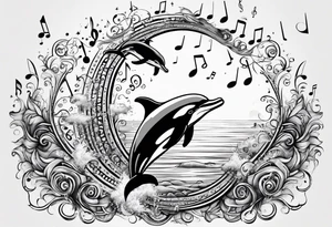 dolphin jumping out of water into music notes tattoo idea